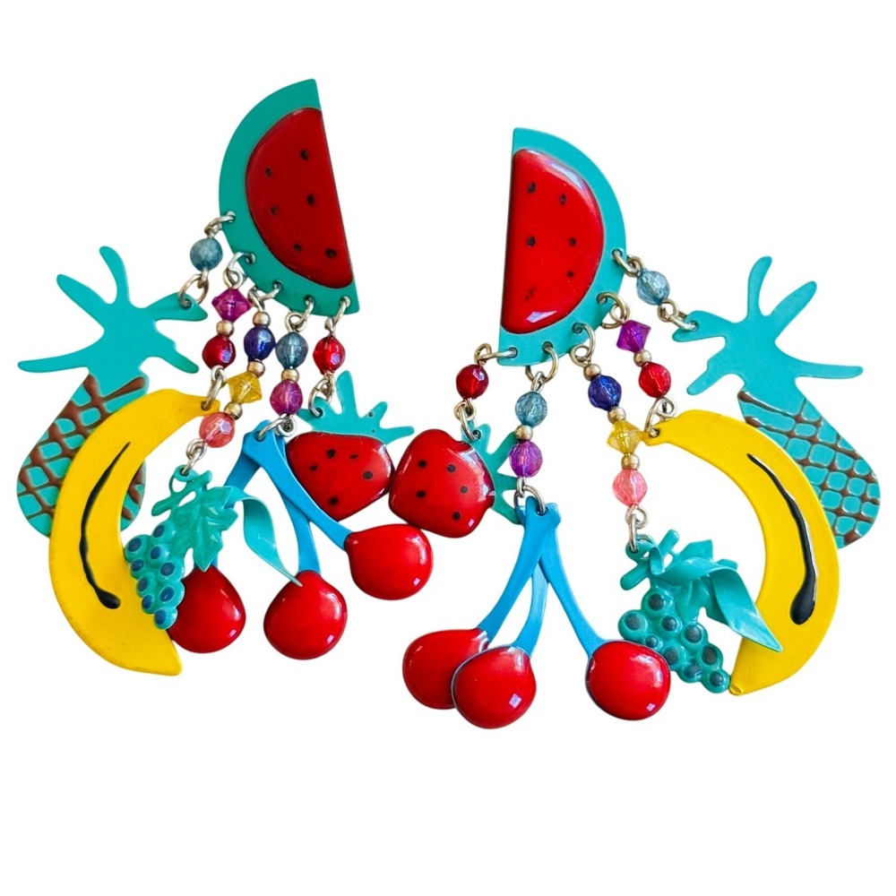 VTG Runway Enamel Chunky Fruit Earrings Statement Cha Cha Dangle post 80s 3.25"
